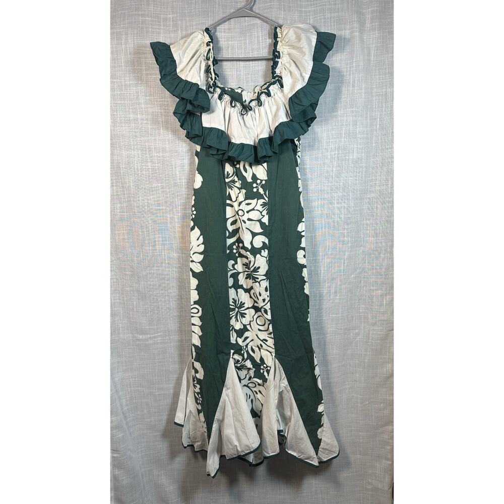 Vintage Rainbow Hawaii Maxi Dress Size Large Green & White Floral Off Shoulder
